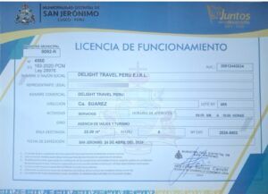 Operating license issued by the Peruvian government and the municipality of Cusco city. - DELIGHT TRAVEL PERU E.I.R.L.